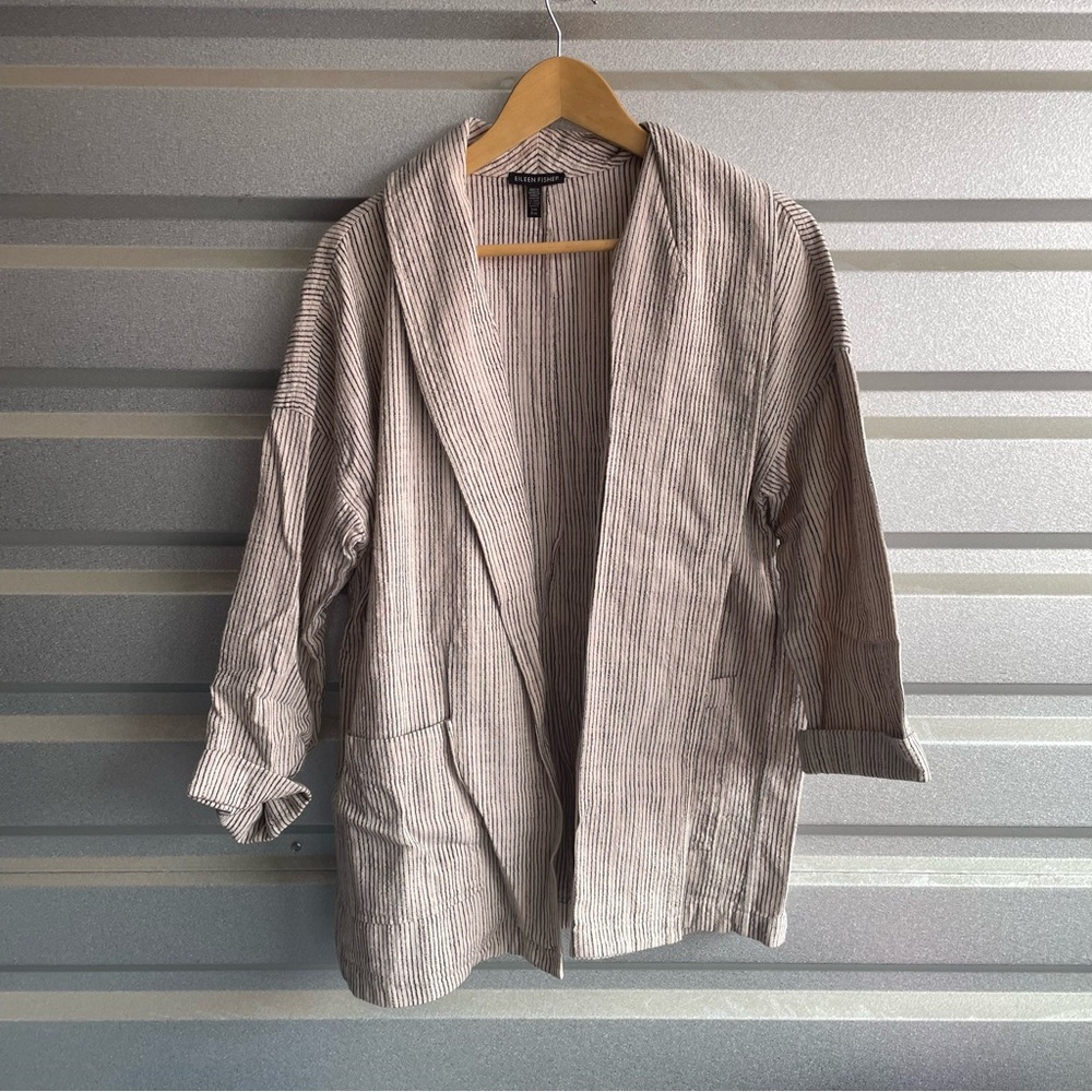 Eileen Fisher Natural Black Striped Cotton Shawl Collar Open Front Jacket
